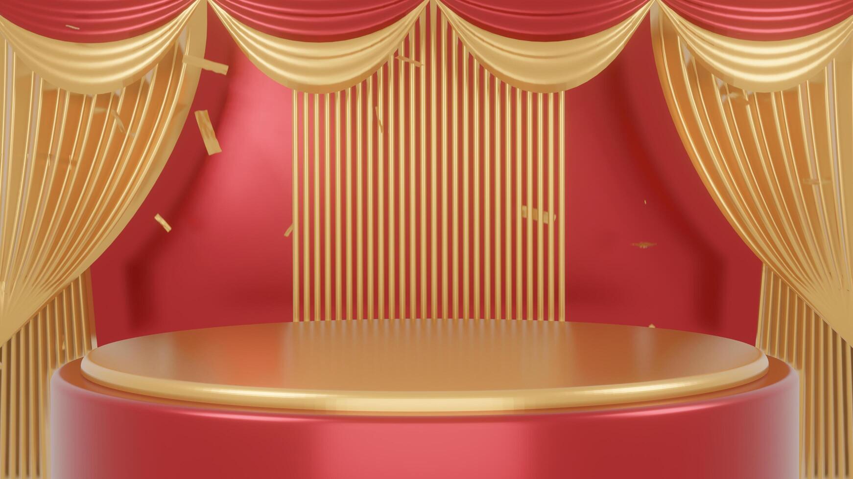 3D Red Stage with Gold Podium and Spotlights Award Ceremony Background. photo