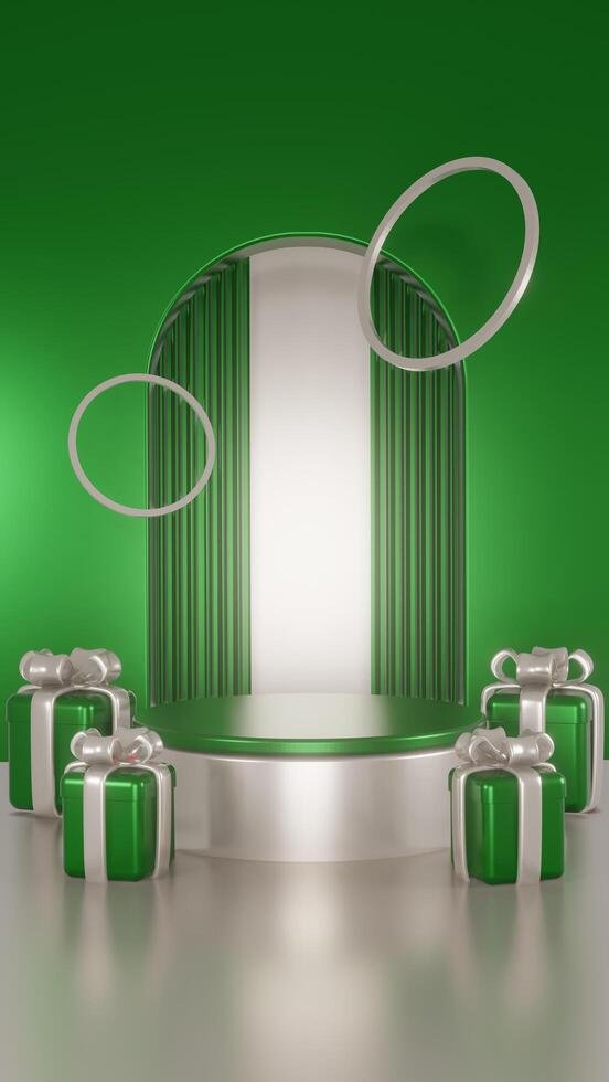 3d green round podium in green interior with sunshine and leaf shadows on the wall. Empty space to showcase your beauty product. Three dimensional illustration photo