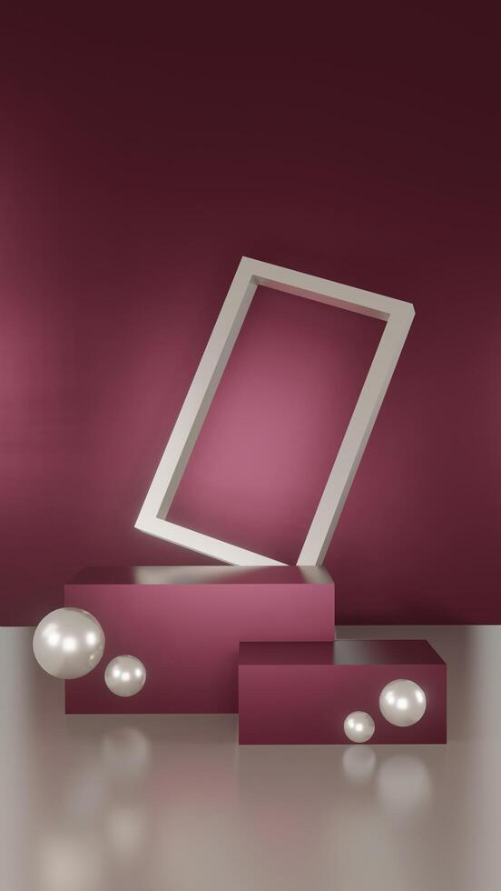 Maroon round podium interior with sunshine and leaf shadows on the wall. Empty space to showcase your beauty product. Three dimensional illustration photo