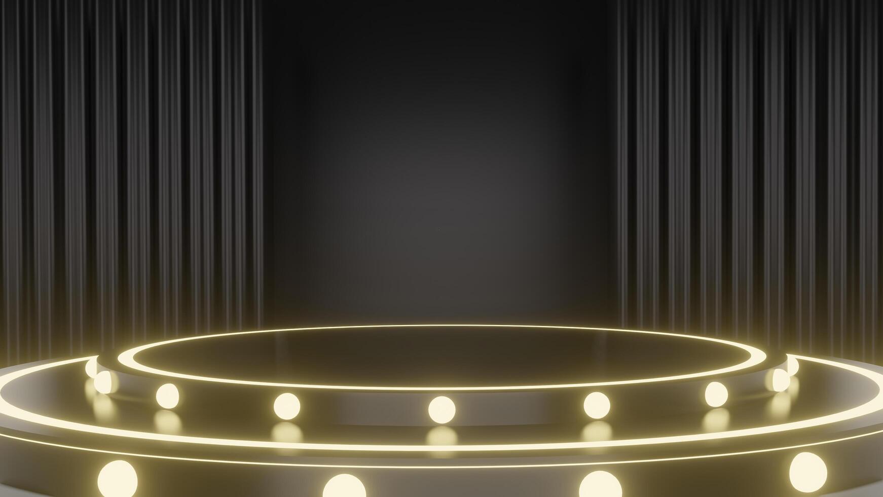 3d podium with black background decorative lights and curtains for product display or online sales program gifts. photo