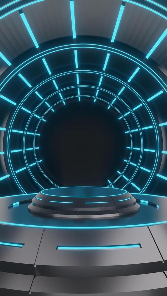 Modern and futuristic podium in blue and glowing color and 3d rendering of blue background for online game or electronic product promotion. photo