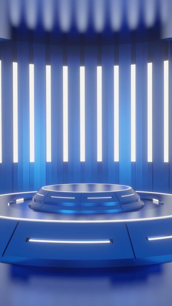 3d blue and glow luxury podium pedestal product display and blue box background 3d rendering photo