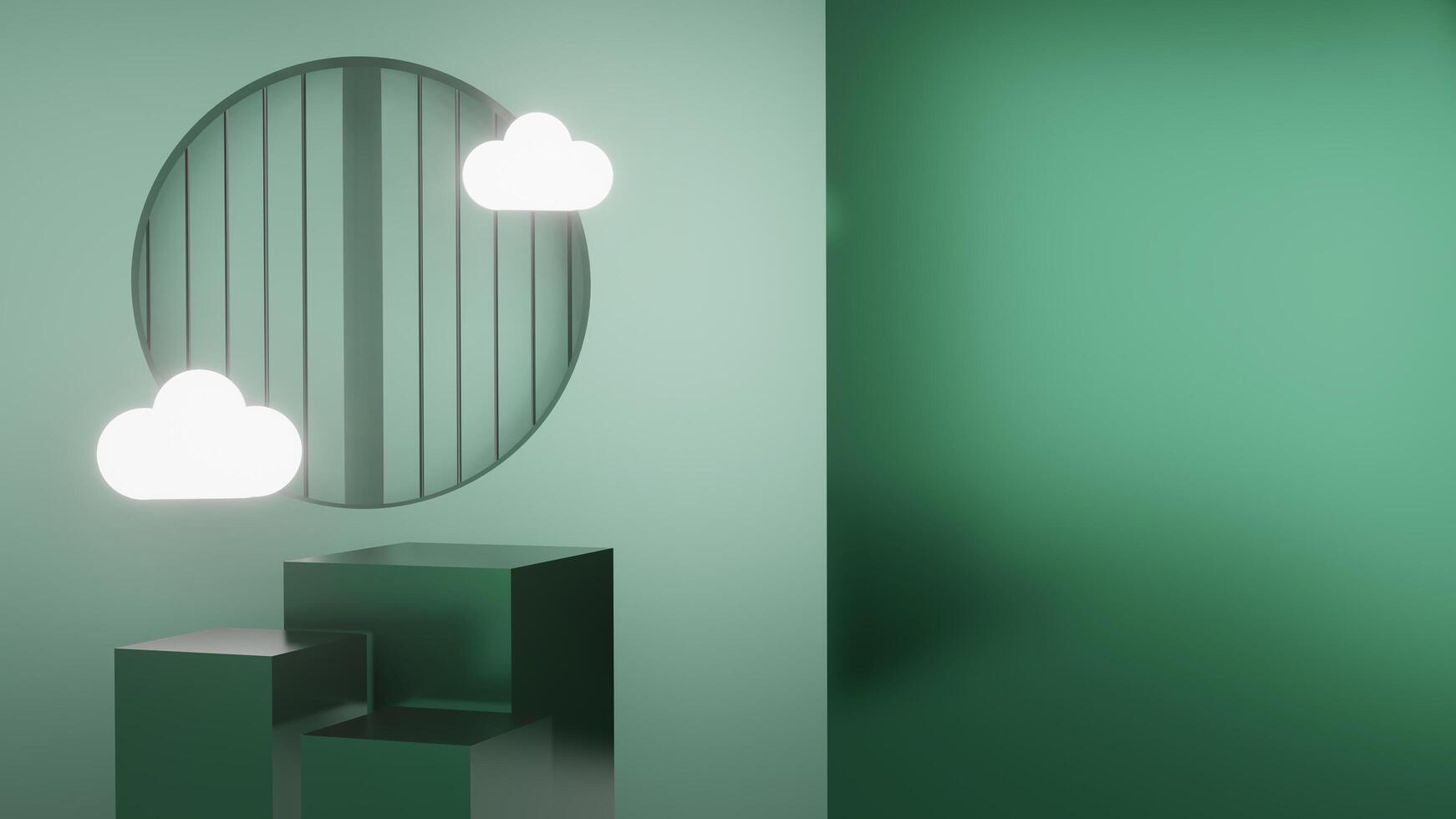 Simple 3d podium with green background and curtain for product display or online sales program gift. photo