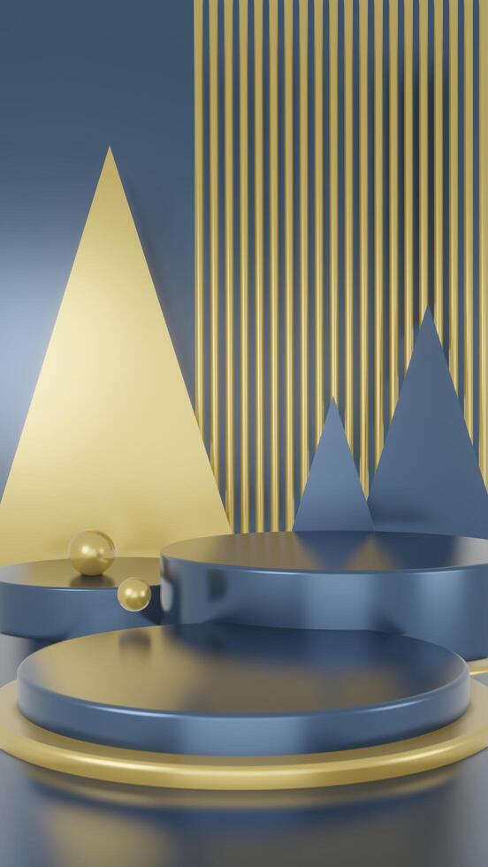 3d blue round podium in gold interior with modern abstract decoration on the wall. Empty space to showcase your beauty product portrait background photo