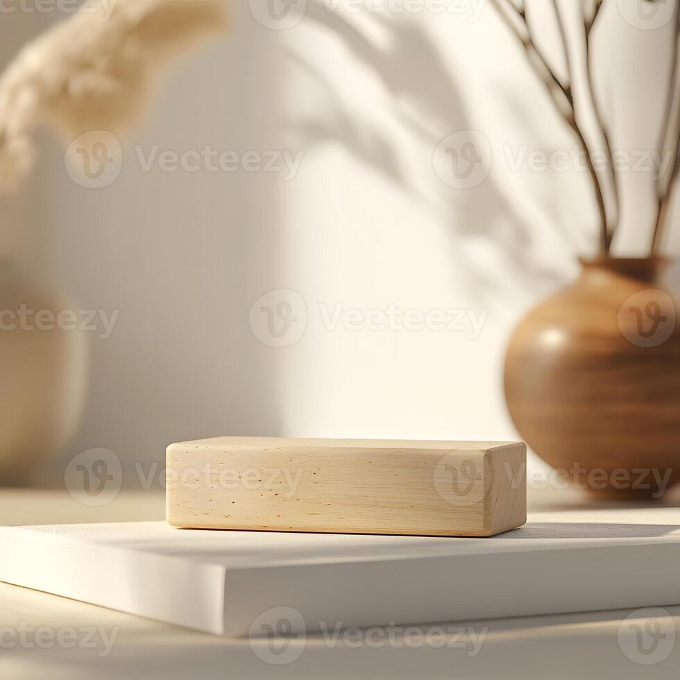 Minimalist Wooden Block on White Surface with Soft Lighting and photo