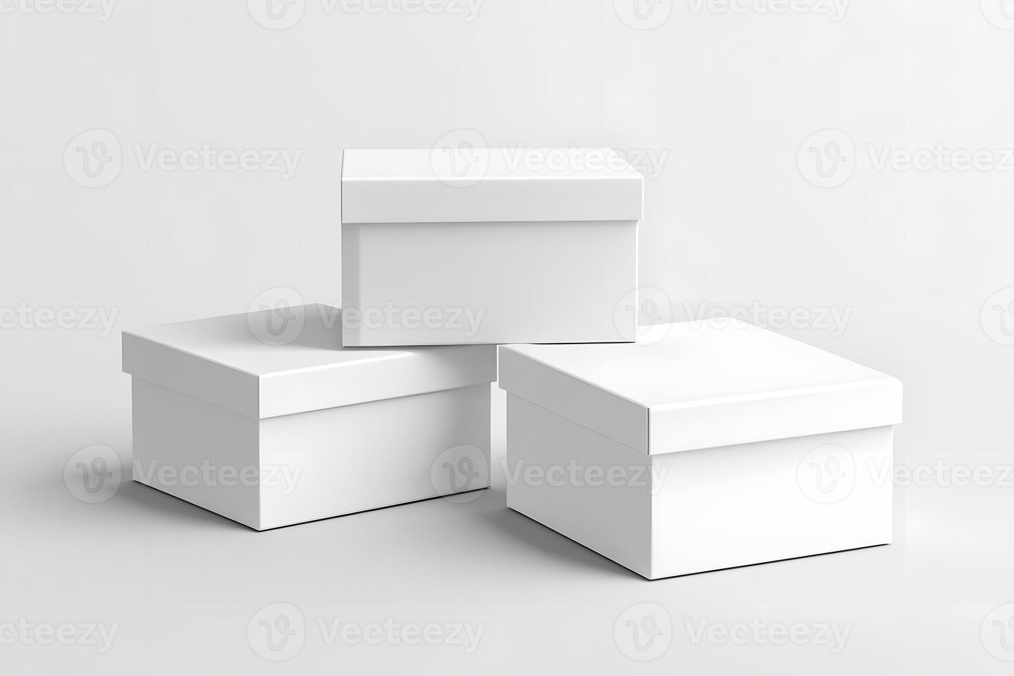 Three White Boxes, Minimalist Composition with Soft Shadows and photo