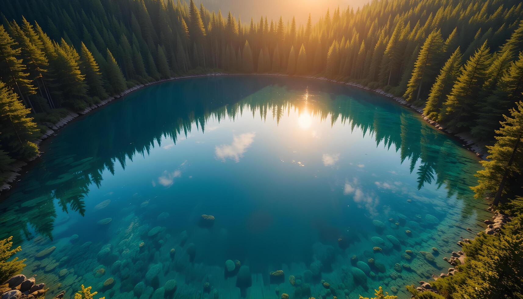 Aerial view of circular crystal clear lake reflecting lush pine forest in golden sunlight photo