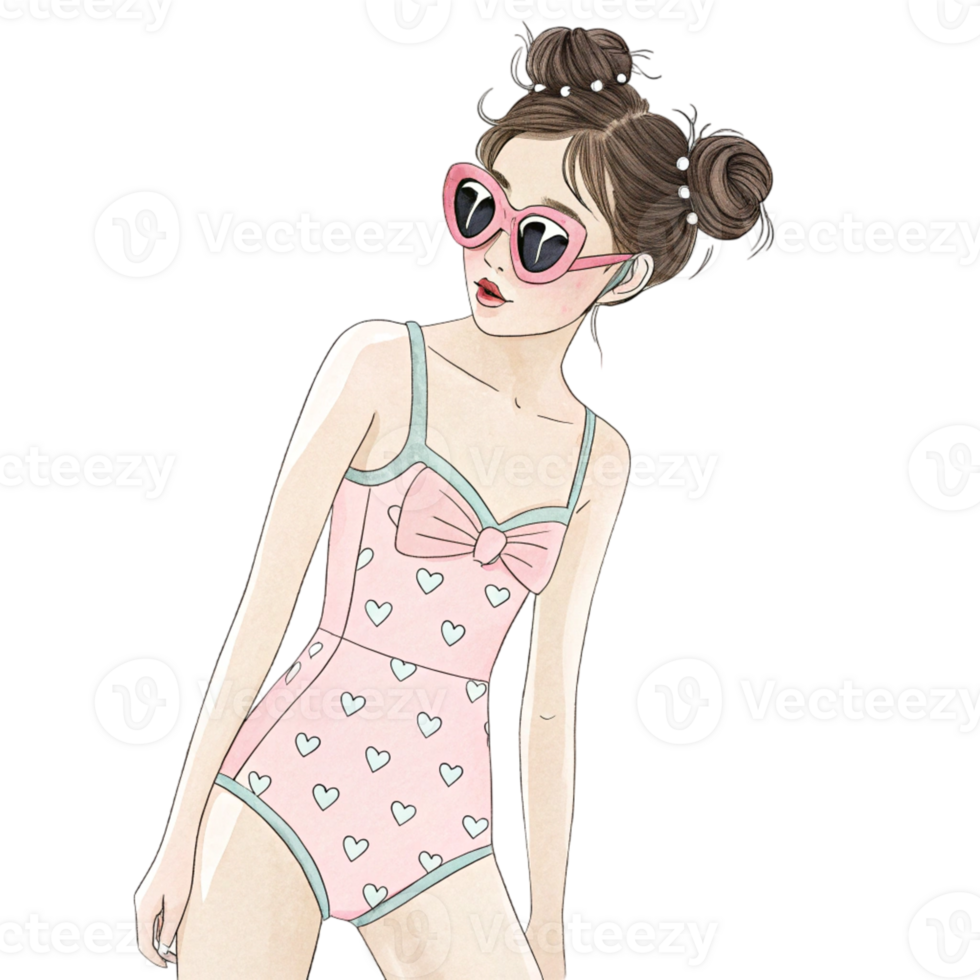 A girl in a pink swimsuit with sunglasses png