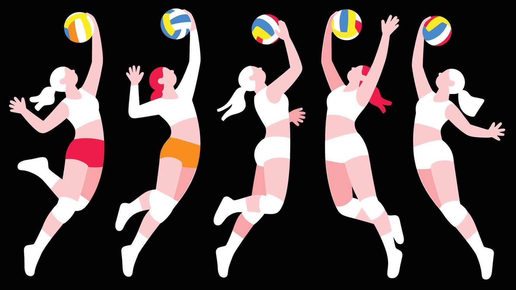 Dynamic Female Volleyball Players in Action Energetic and Graceful Leaps During Intense Game - Professional digital artwork with vibrant colors and detailed composition vector