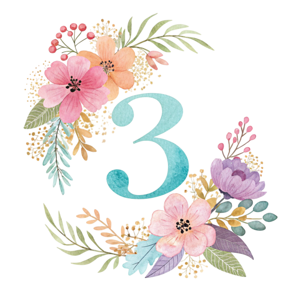 Watercolor floral number 3 png