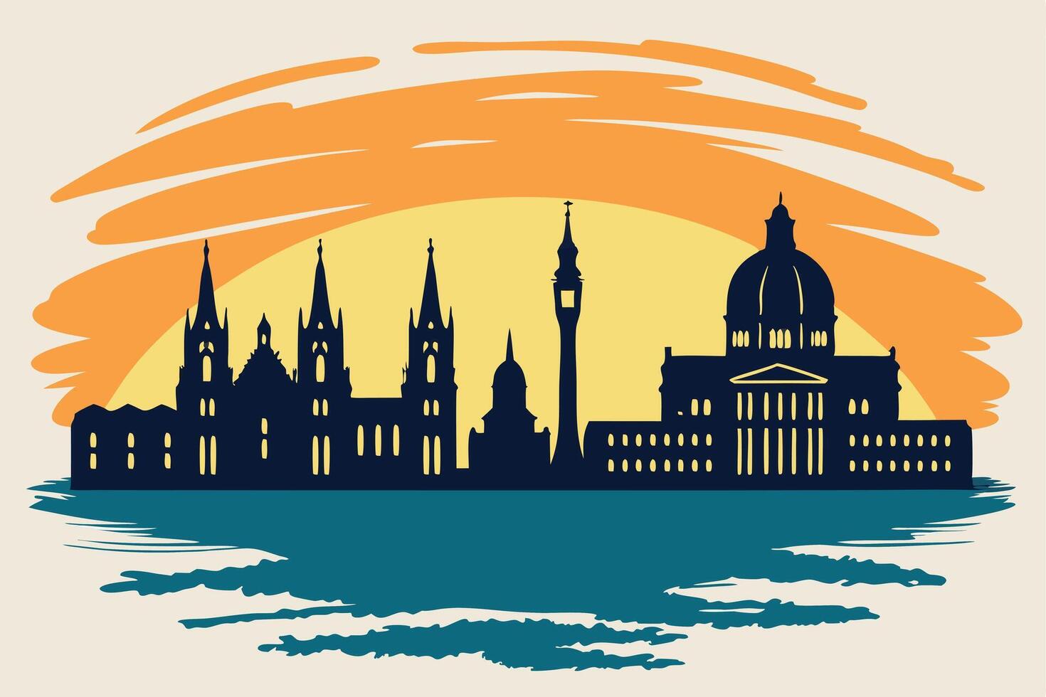Skyline silhouette of city buildings with colorful sunset and water elements vector
