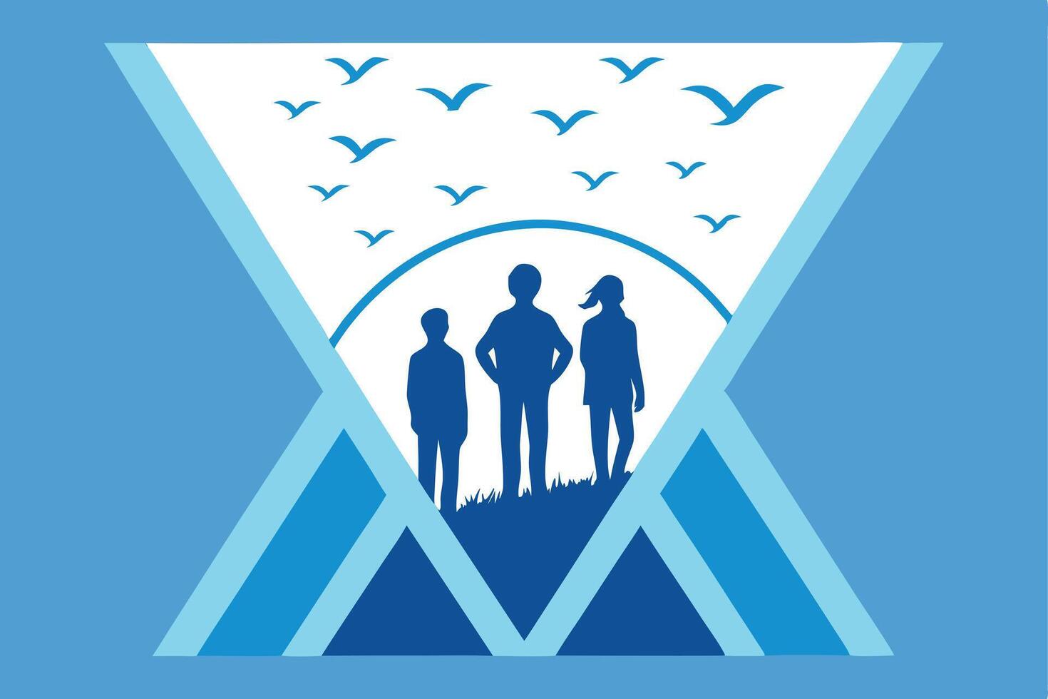 Blue silhouettes of people and birds within a geometric shape vector