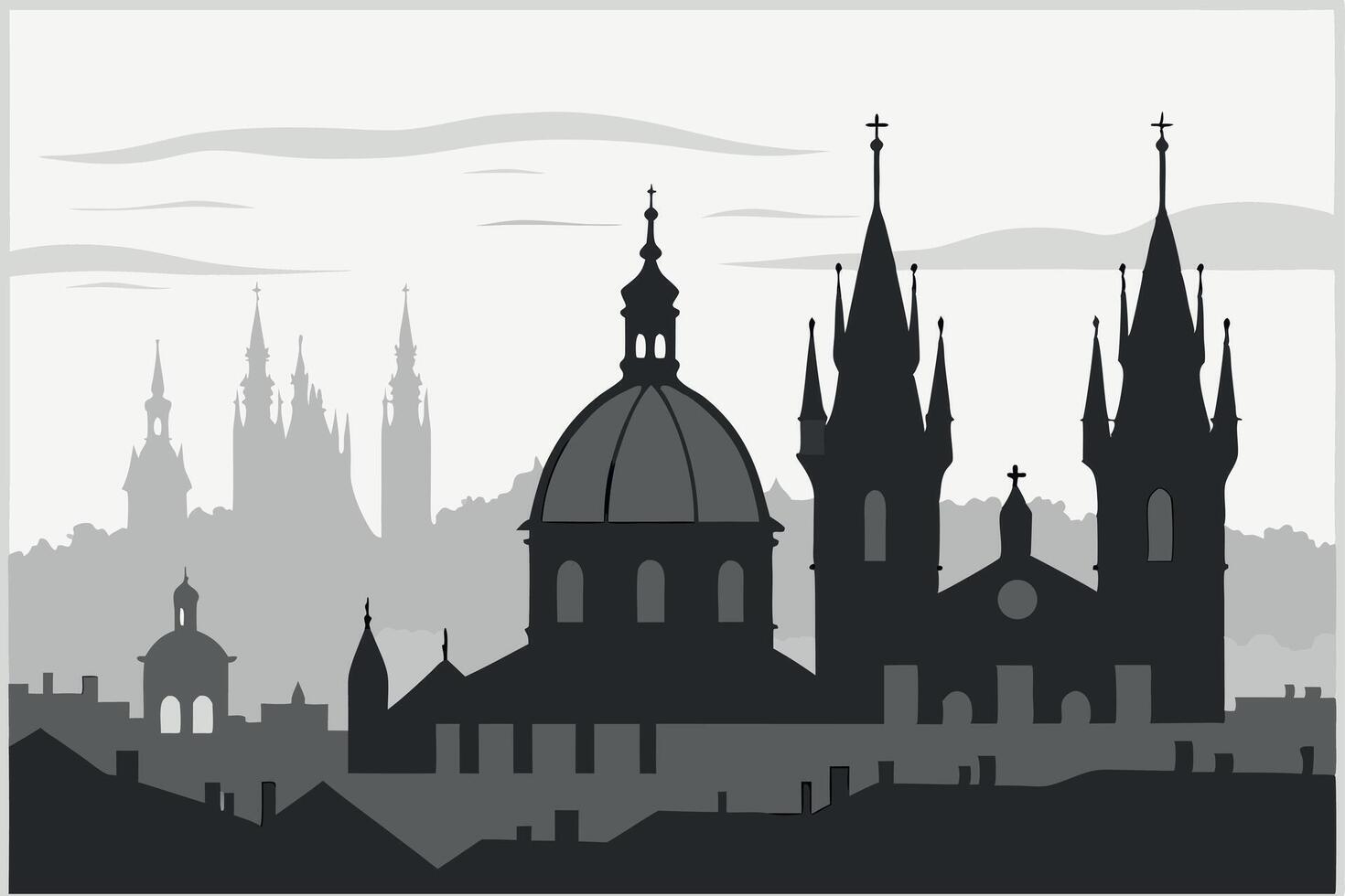 Silhouette illustration of prague cityscape with notable architectural landmarks vector