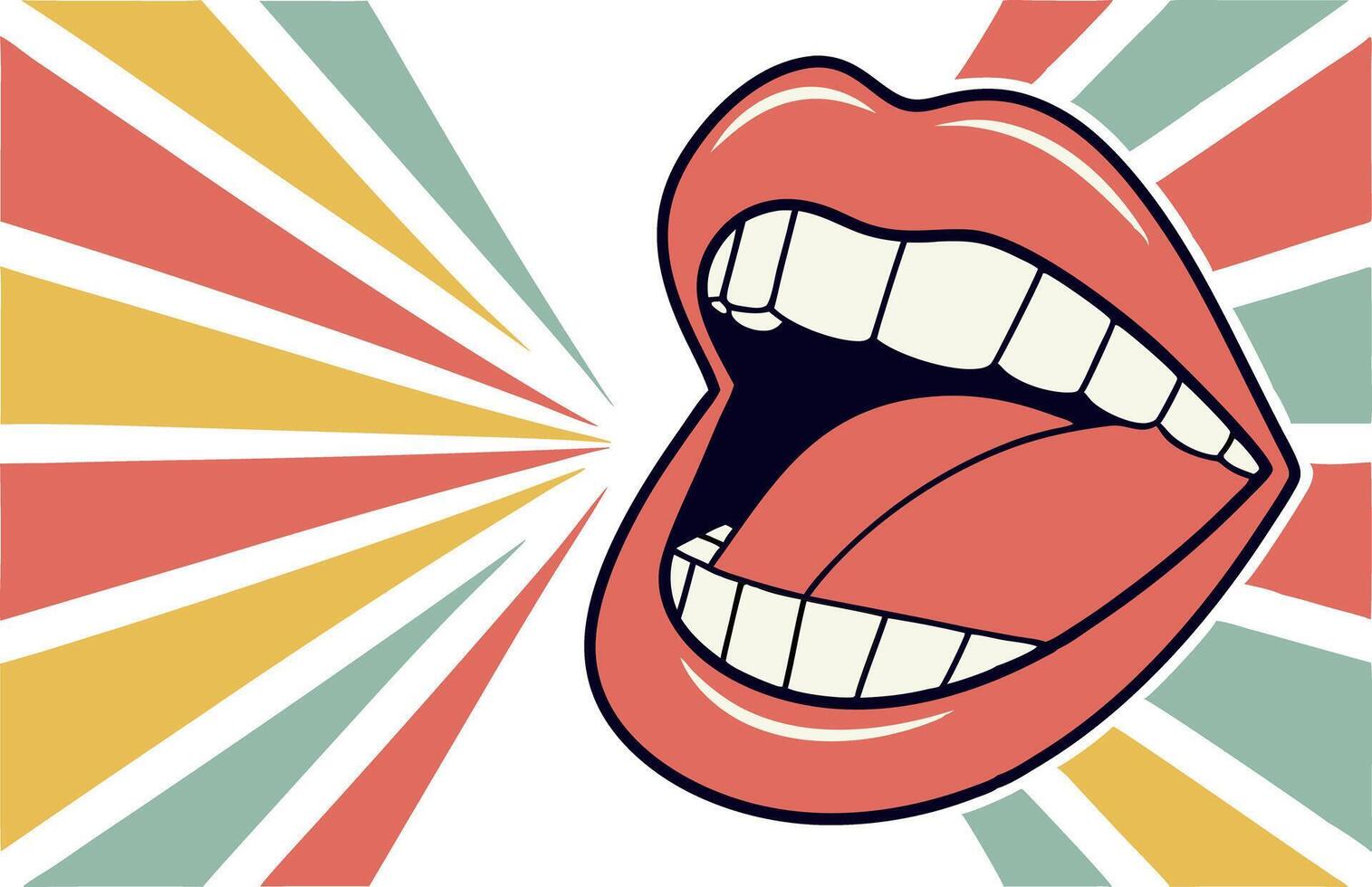A cartoon mouth with open mouth and sunburst background vector