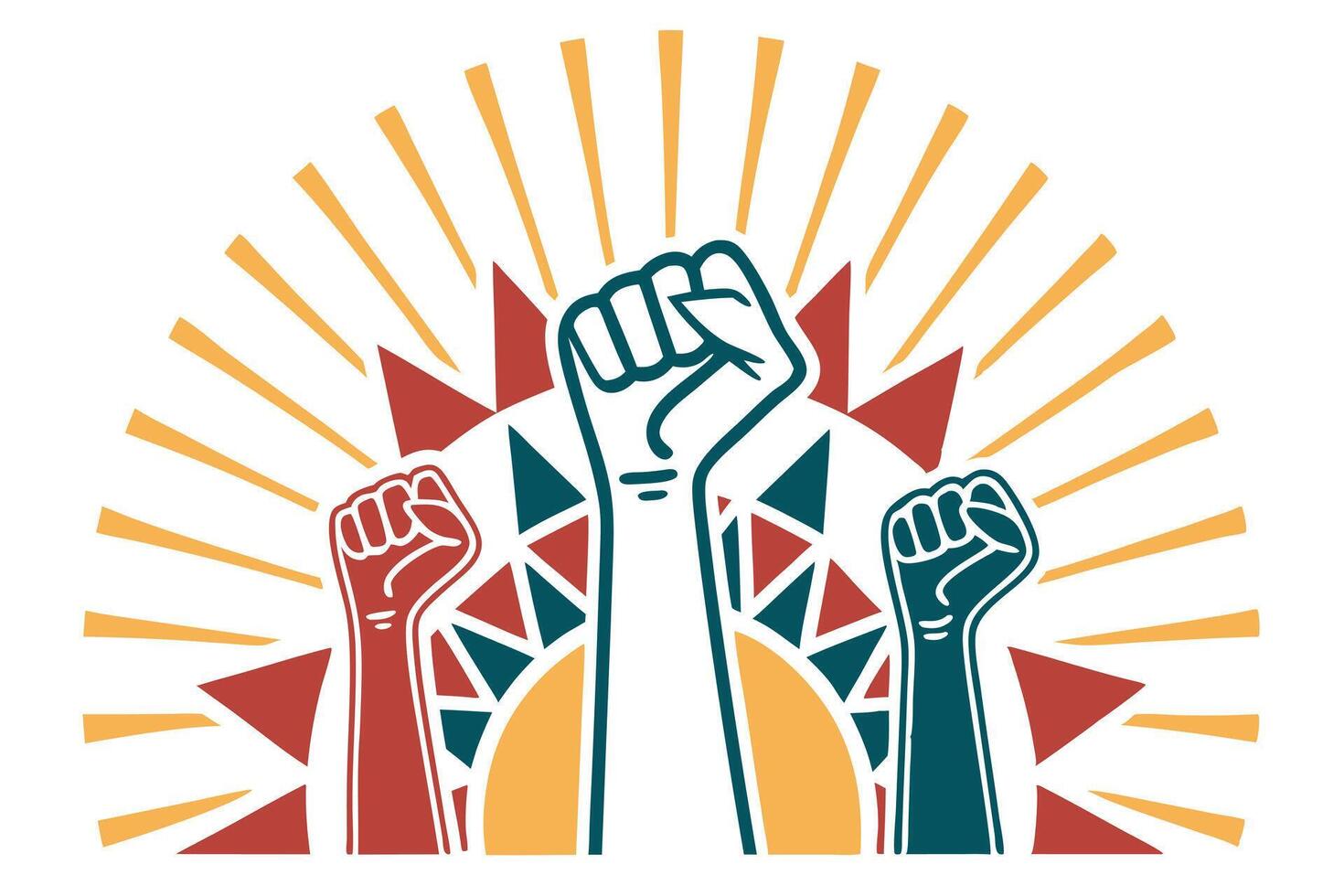 Raised Fists Illustration with Sunburst and Geometric Shapes vector