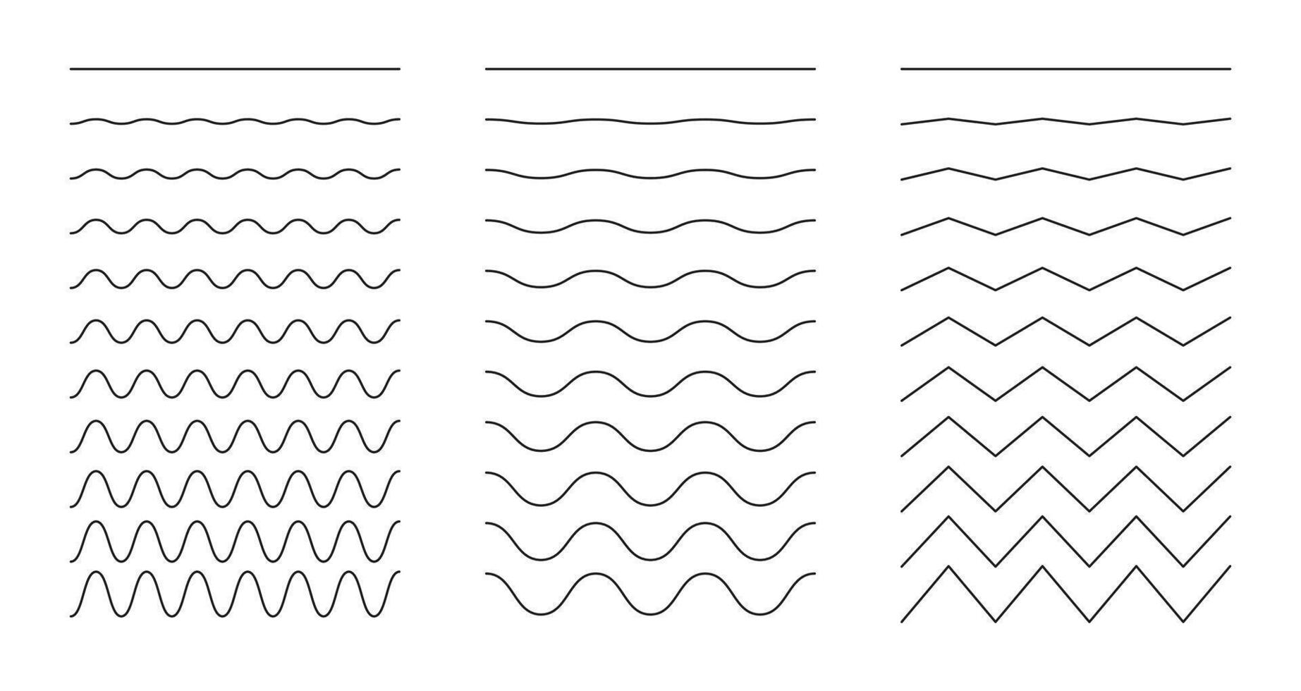Set of curvy, wavy, zigzag lines. Simple undulate borders, transverse horizontal line collection. Fluid, sine, air, wind signs. River, water, lake, sea and ocean symbol. Outline graphical illustration vector