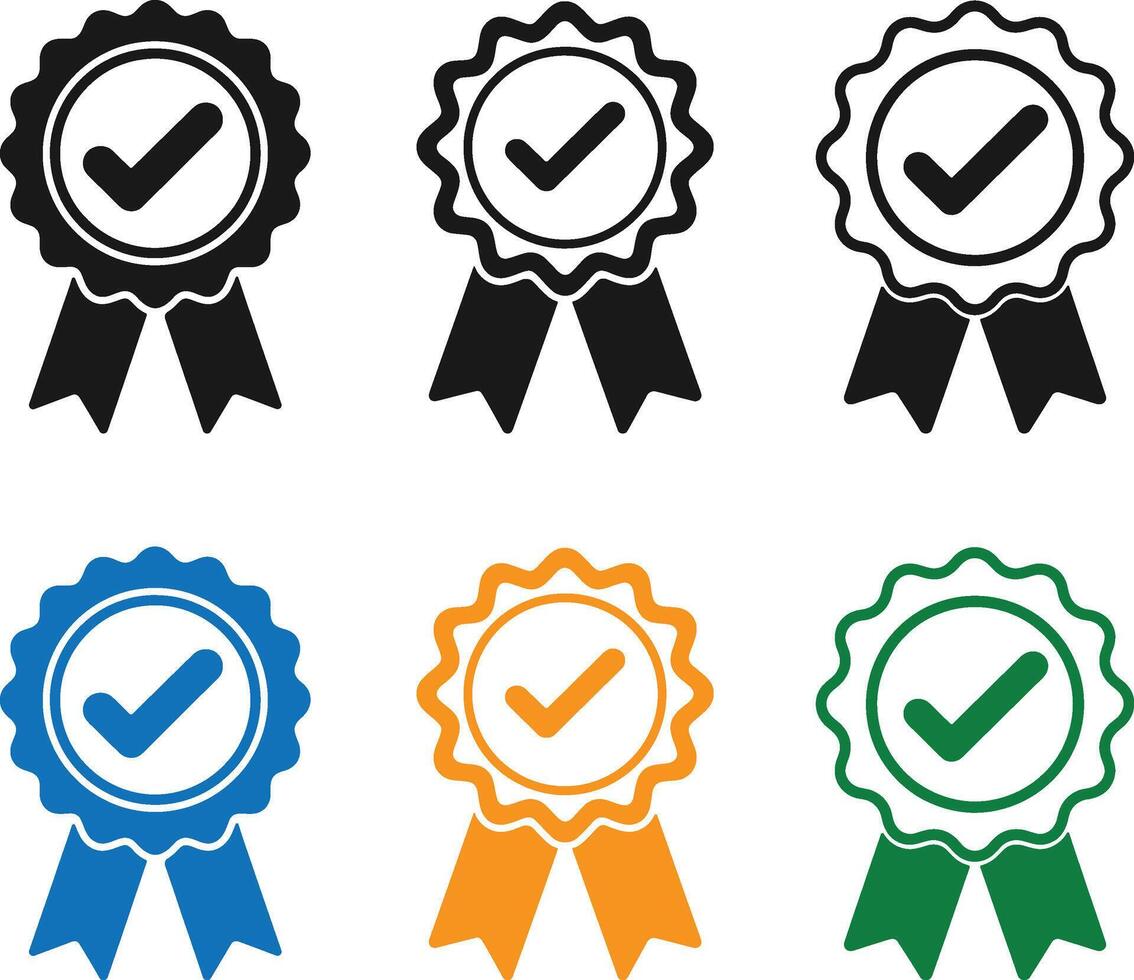 Collection of six award ribbons with check marks in black blue orange and green colors vector