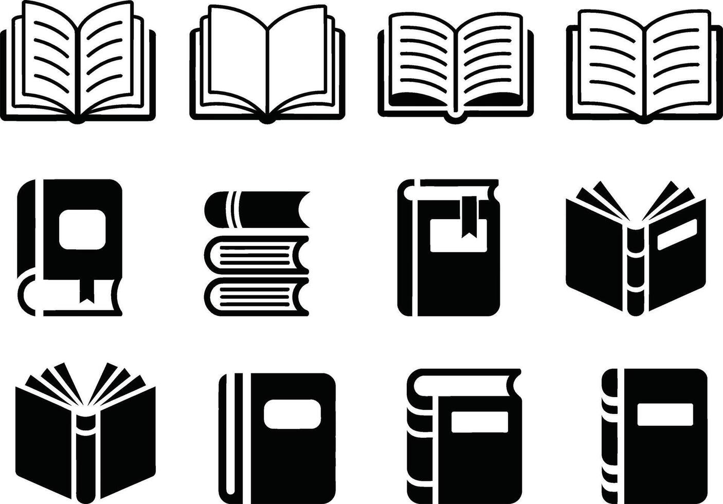 Collection of twelve black and white book icons representing different styles and orientations vector