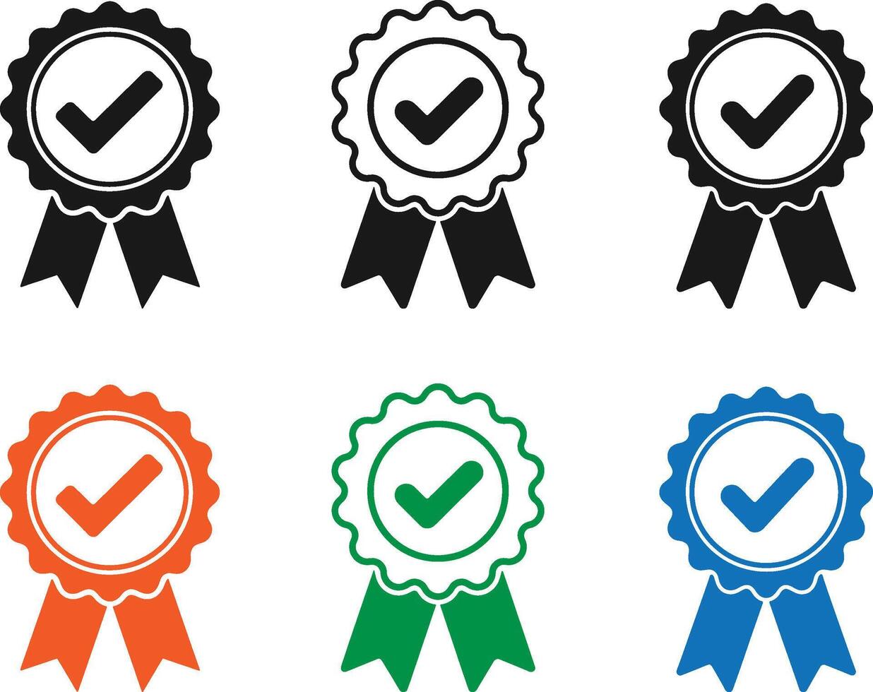 Collection of six award ribbons with checkmarks in black orange green and blue vector