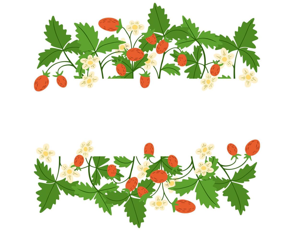 Wild strawberry border design with red berries, green leaves, and white flowers in flat style illustration. Represents nature, freshness, and organic summer concept vector