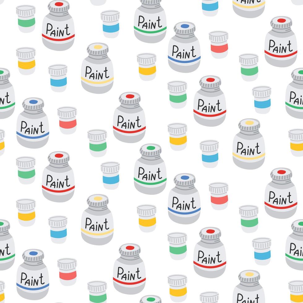 Seamless pattern with colorful paint jars in various shades arranged on a white background. Represents creativity, artistic tools and playful craft material design vector