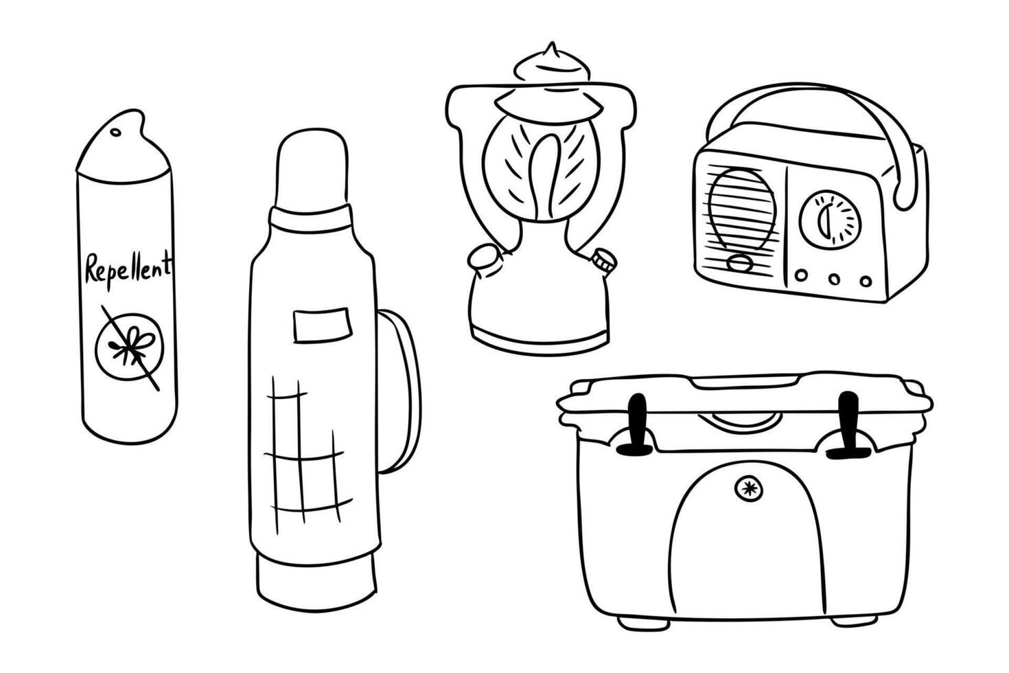 Camping gear doodle set in black and white line art style, including thermos, cooler, mosquito spray, lantern, and radio. Represents outdoor adventure, summer camping essentials and survival equipment vector