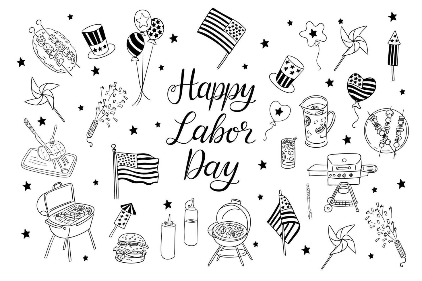 Hand drawn doodle set for Labor Day celebration with barbecue, flags, balloons, fireworks, and festive food. Concept of American holiday, summer party, and patriotic gathering vector