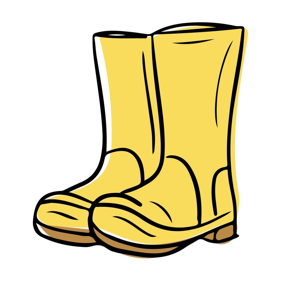 Hand drawn of yellow rubber boots with simple bold outlines on white background. Concept of gardening, rainy day protection, and outdoor country lifestyle vector