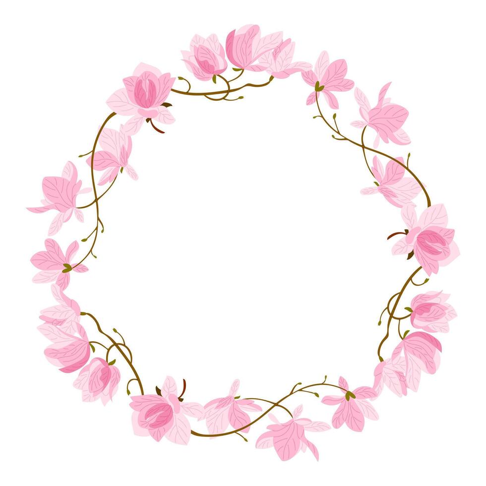Round floral wreath made of pink magnolia flowers and delicate vines arranged in an elegant oval frame. Concept of spring blossom, botanical decoration, and floral celebration vector
