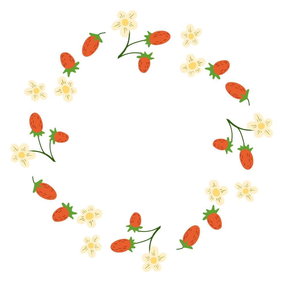 Hand drawn wreath frame made of strawberries and delicate flowers on white background. Concept of natural beauty, freshness, and organic decoration for summer or spring designs. vector