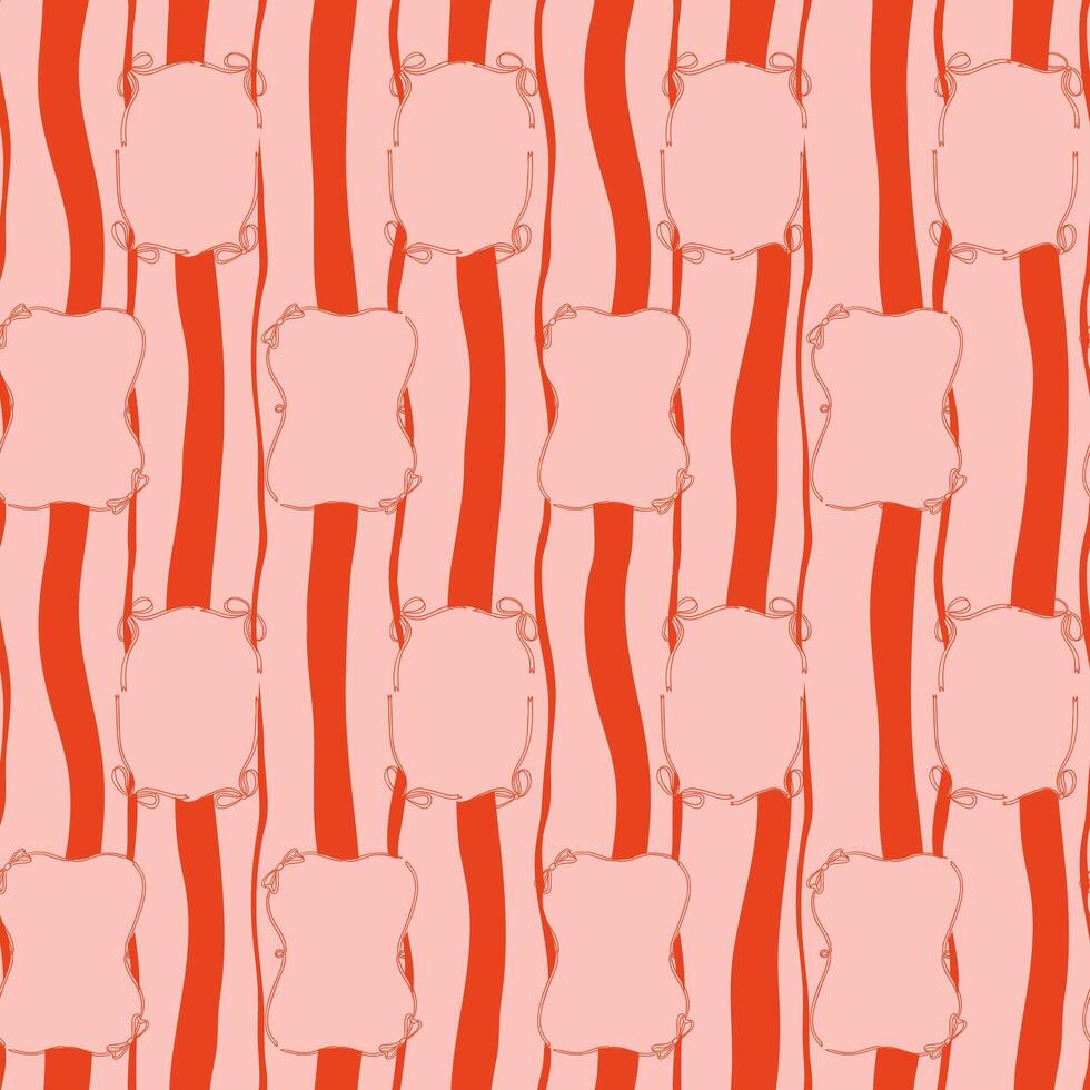Hand drawn seamless pattern with decorative frames and wavy vertical stripes in pink and red tones vector
