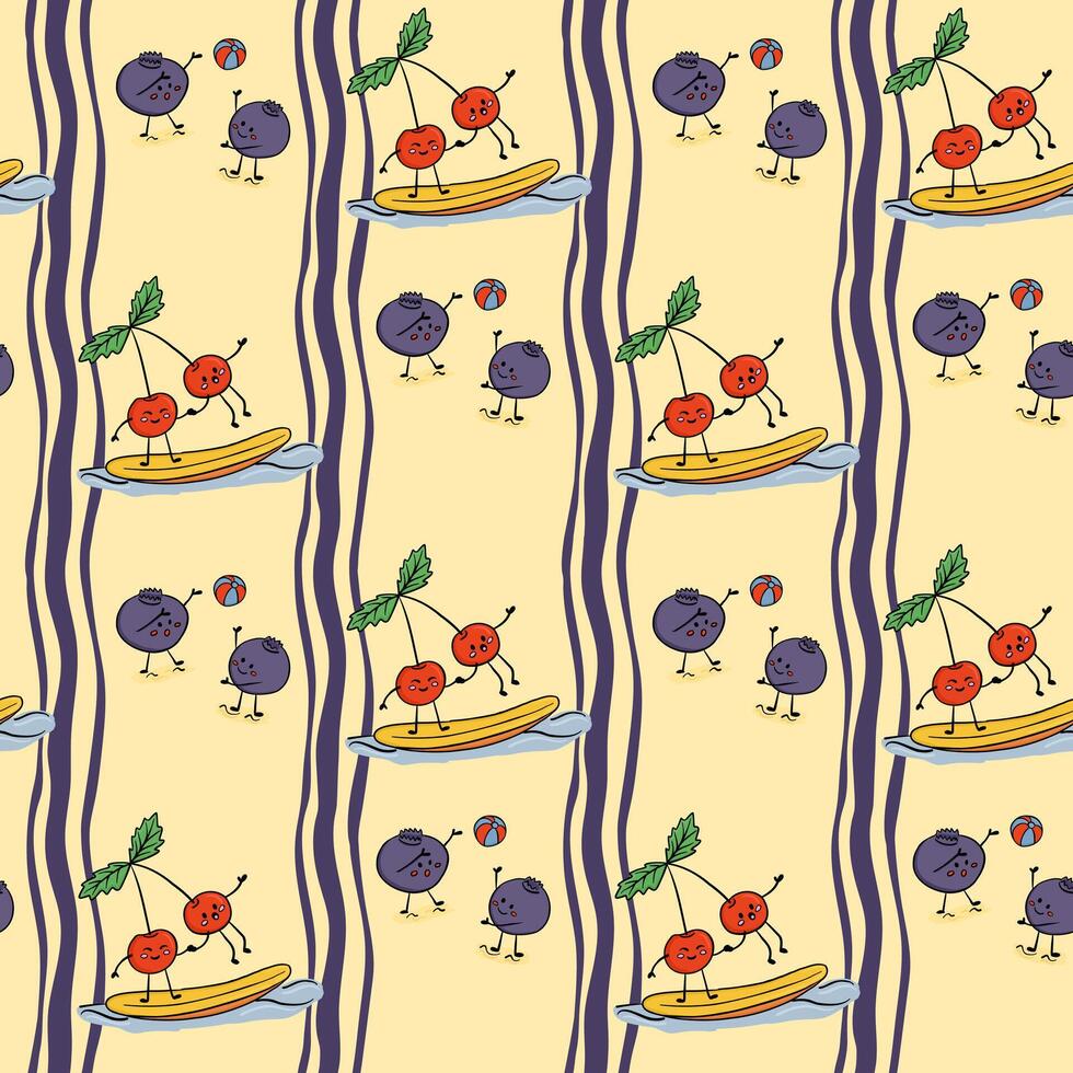 Cute hand drawn seamless pattern with cherries and blueberries playing on the beach, surfing and playing ball. Concept of summer fun, healthy lifestyle, and playful fruit characters. vector