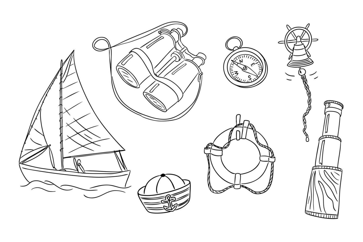 Hand drawn set of sailing elements including boat, binoculars, compass, and lifebuoy for nautical adventure. Represents exploration, freedom, and maritime travel concept vector