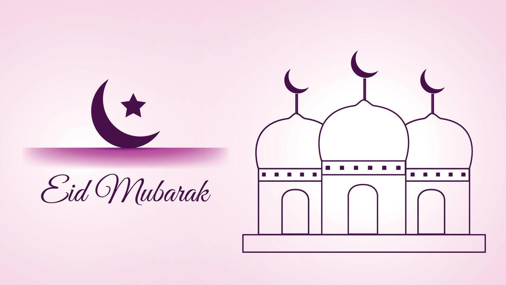 Eid Mubarak Card with Outline Mosques and Purple Moon vector