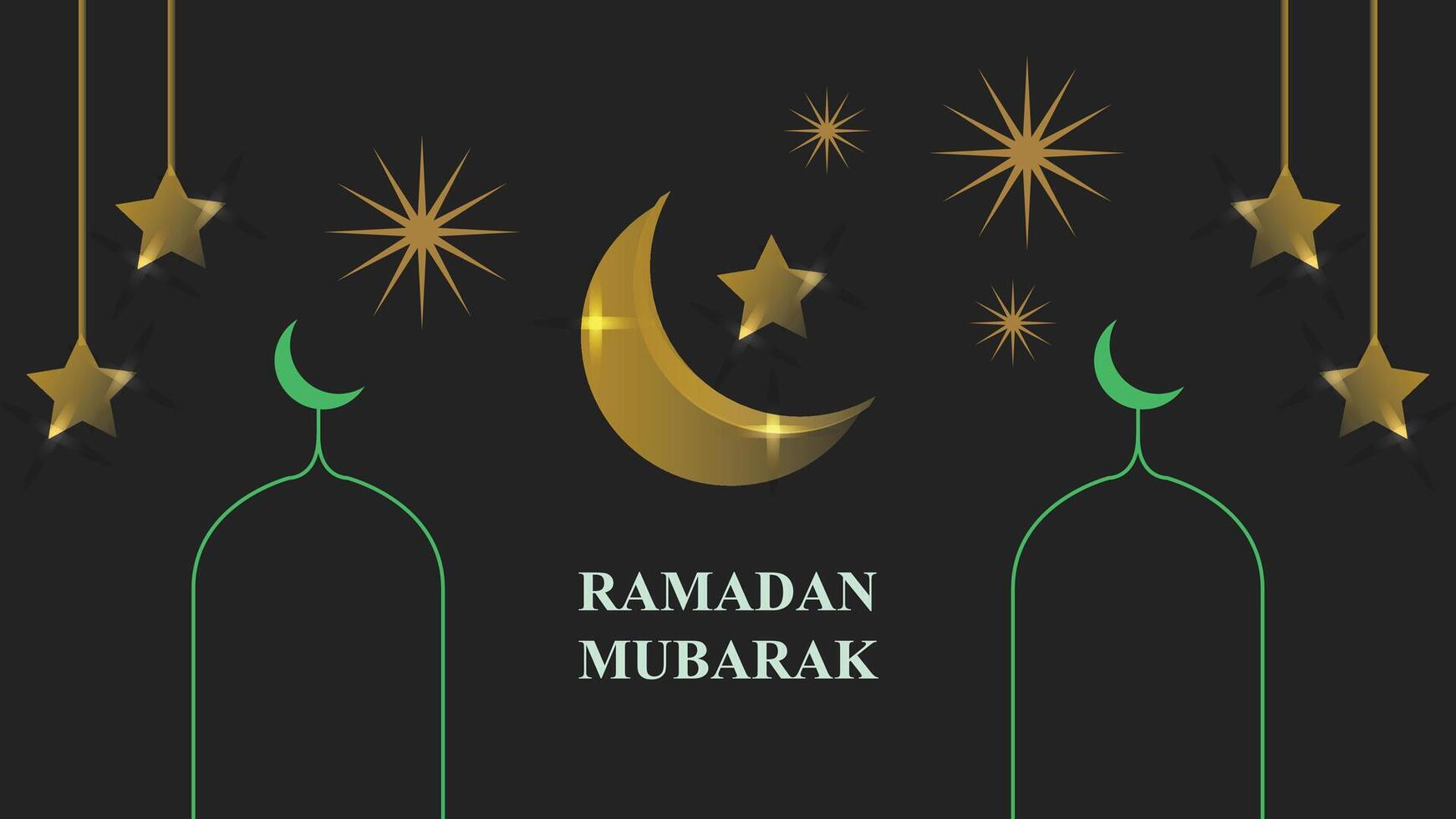 Ramadan Mubarak Card with Golden Moon, Stars and Green Mosque vector