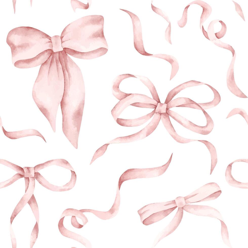 Pink dreams. Watercolor hand-drawn seamless pattern with pink bows and ribbons. Fairytale print for baby girl. vector