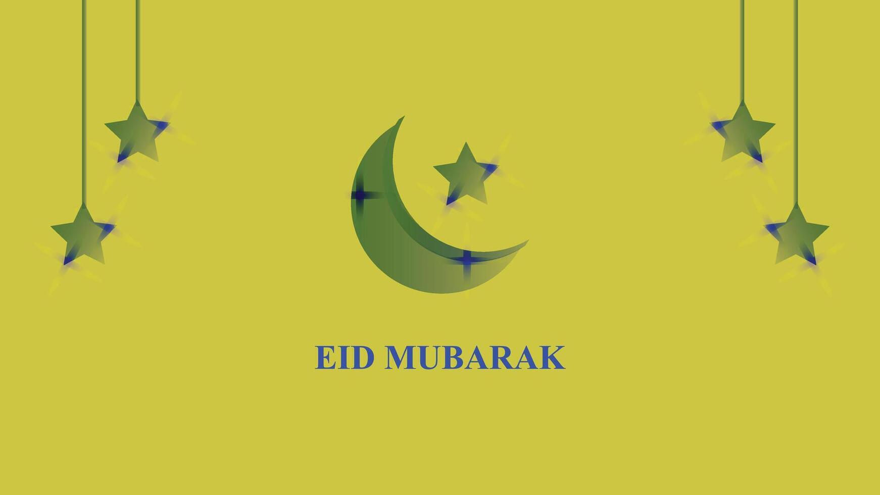 Cheerful Eid Mubarak Card with Green Moon and Hanging Stars vector