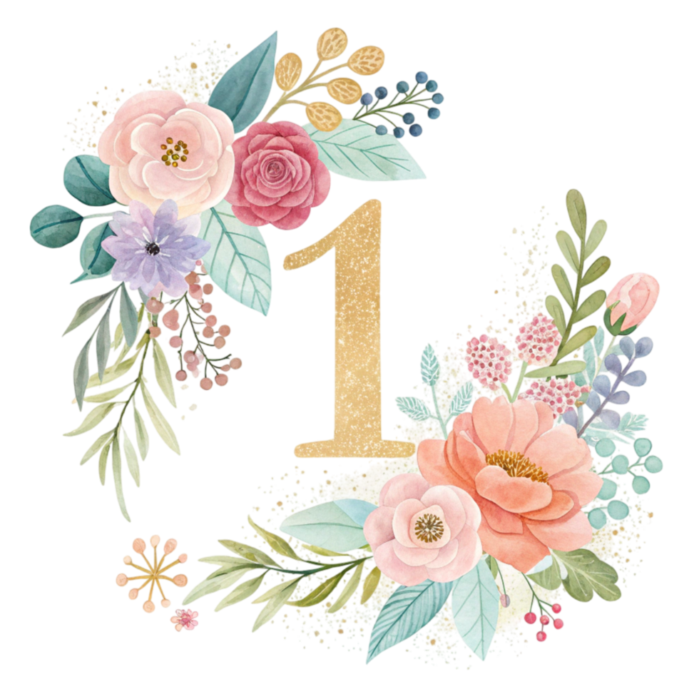 The number one is surrounded by flowers and leaves png