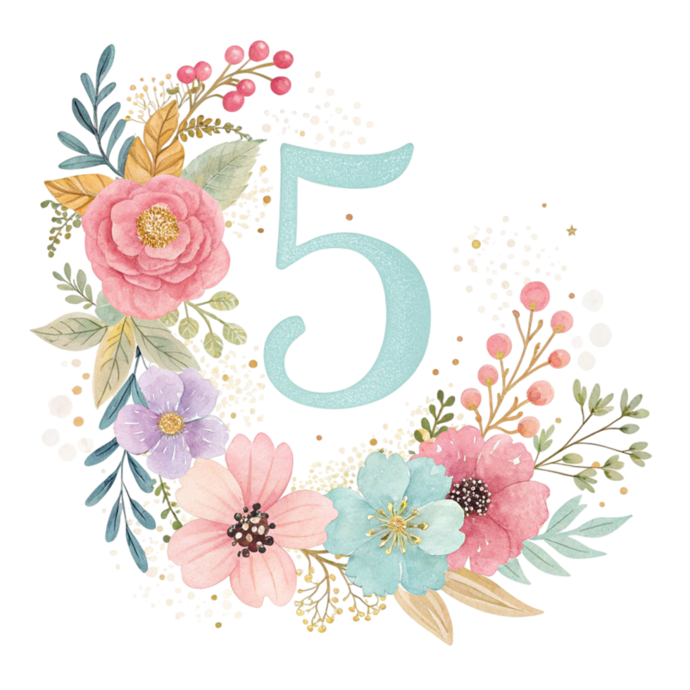 The number five is surrounded by flowers and leaves png