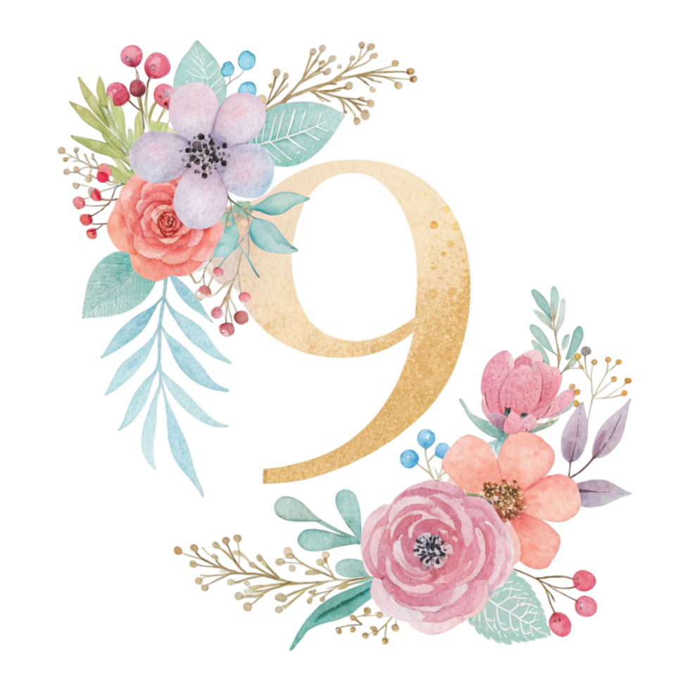 The number nine is surrounded by flowers and leaves png