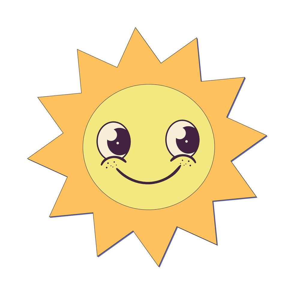 Cute cartoon sun with smiling face, big eyes, and freckles on a white background in a cheerful style vector