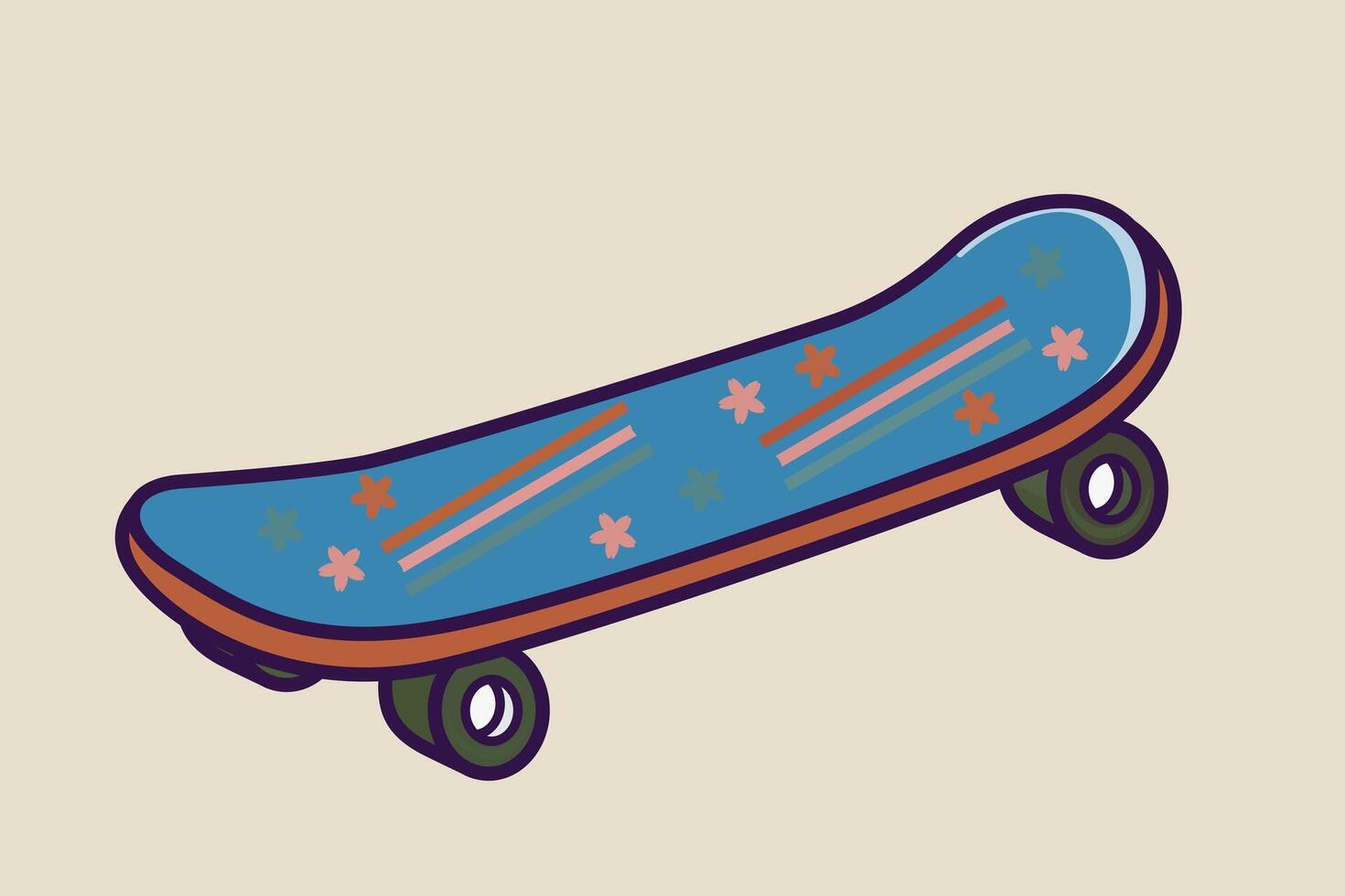 Colorful cartoon skateboard with blue deck and star decorations in playful style on beige background vector