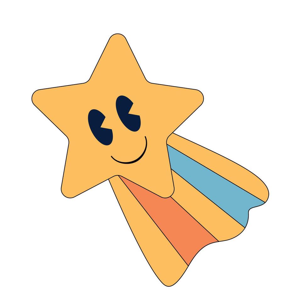 Smiling cartoon shooting star with colorful orange, yellow, and blue trail on white background illustration vector