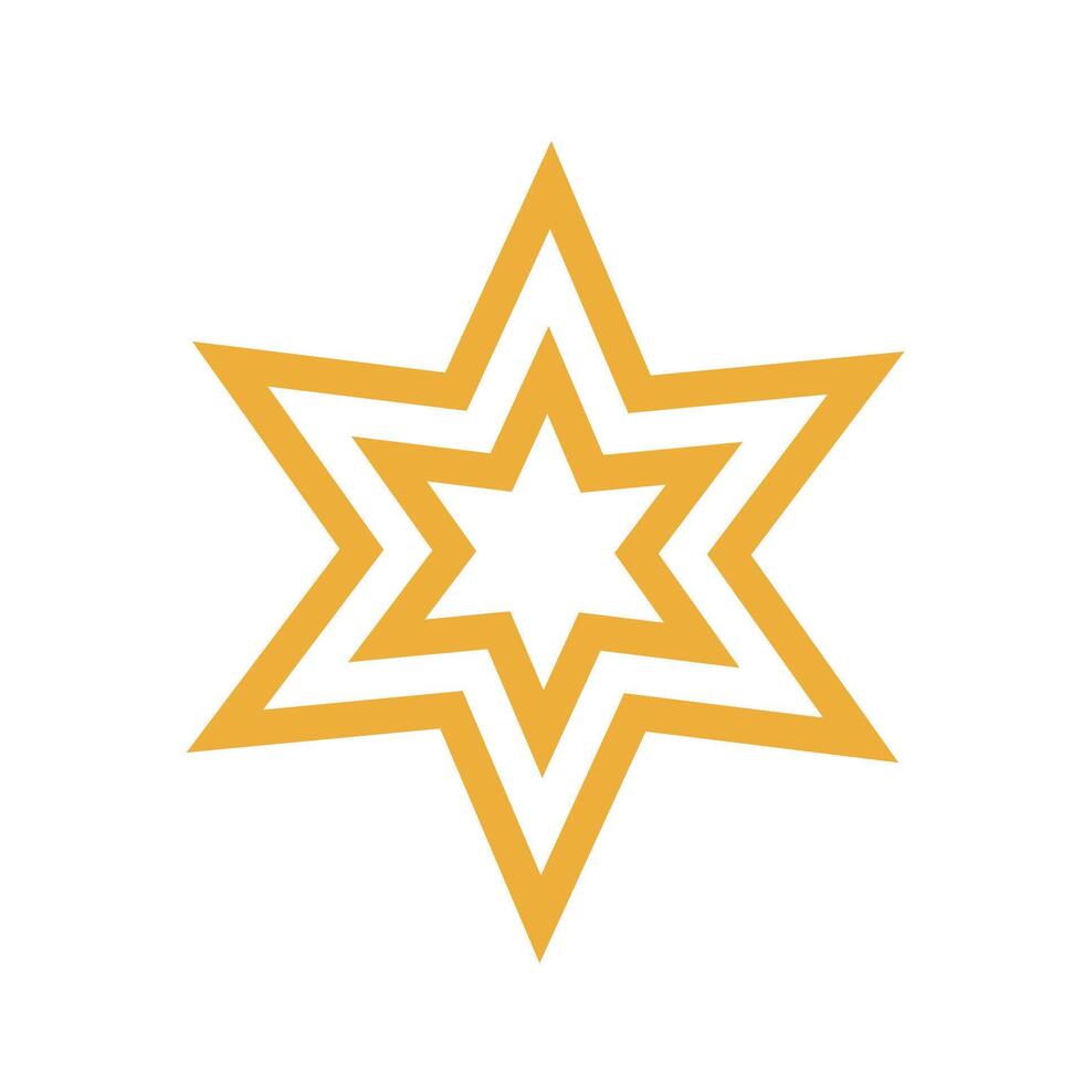 Yellow geometric star with bold symmetrical outline and white center isolated on clean white background vector