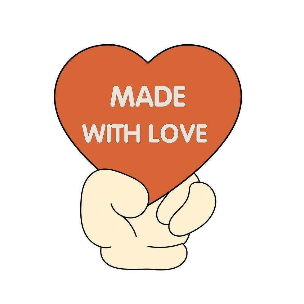 Cute cartoon hand holding a red heart with made with love text, flat style for romantic gift design vector