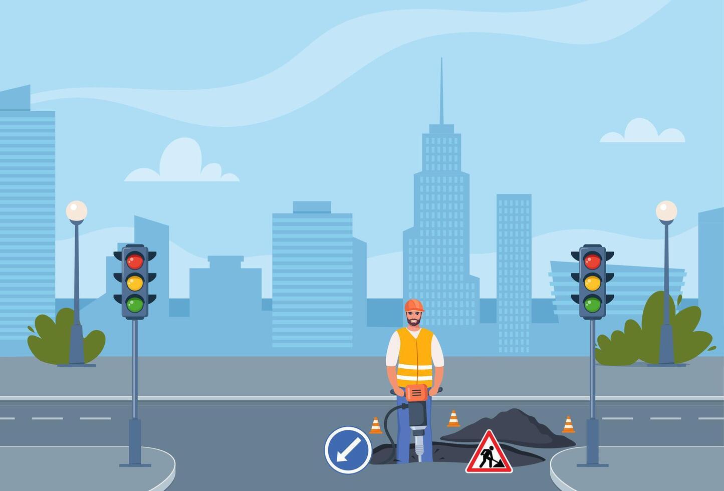 Construction worker in city traffic vector