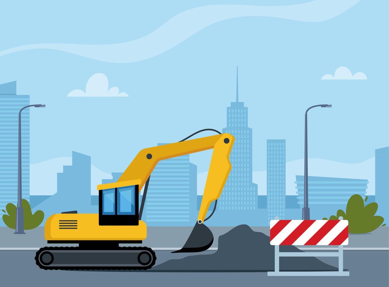 Excavator at urban construction site vector
