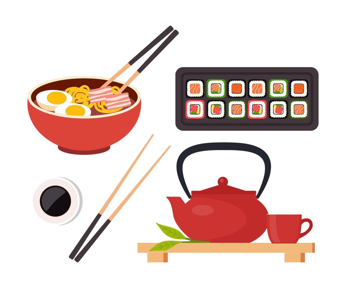 Japanese noodles and sushi assortment vector