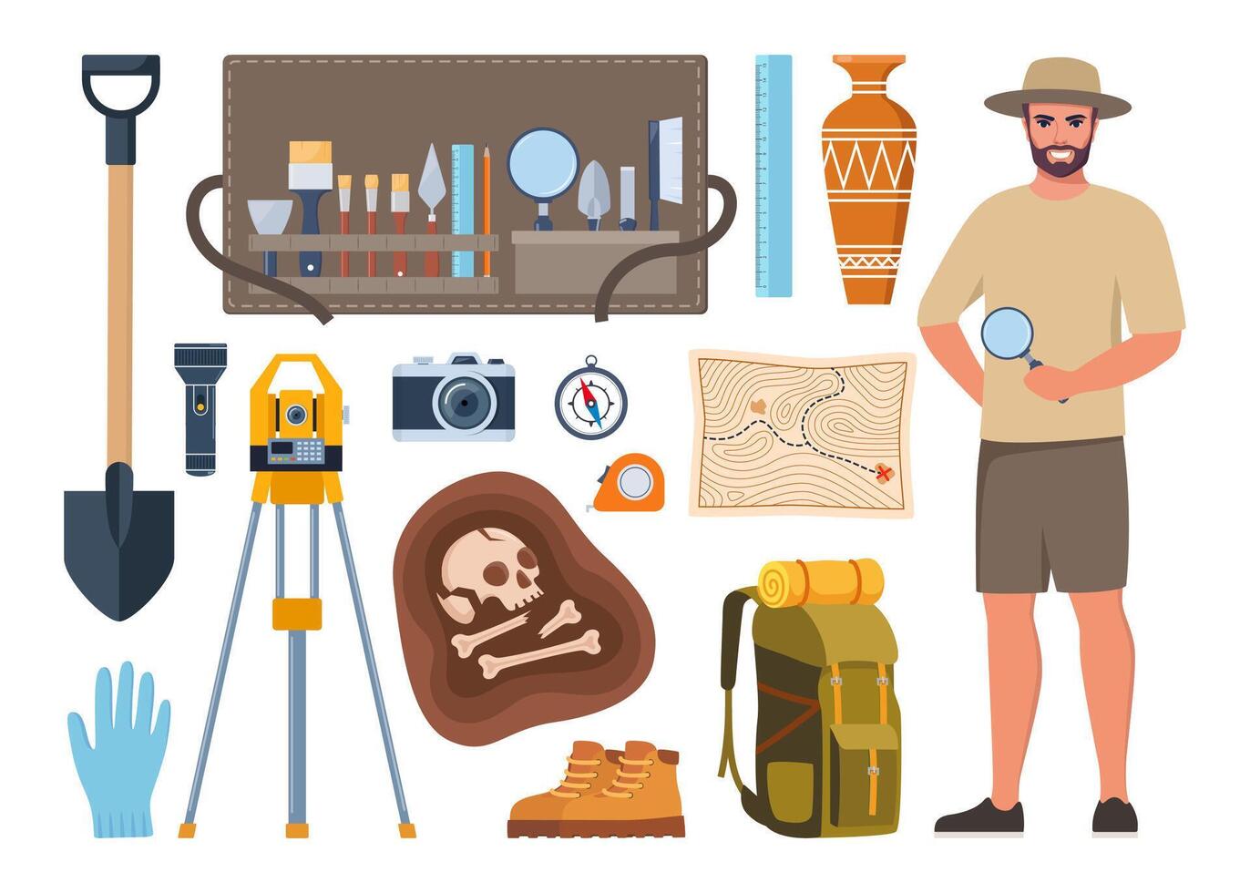 Archaeologist with excavation tools and equipment vector