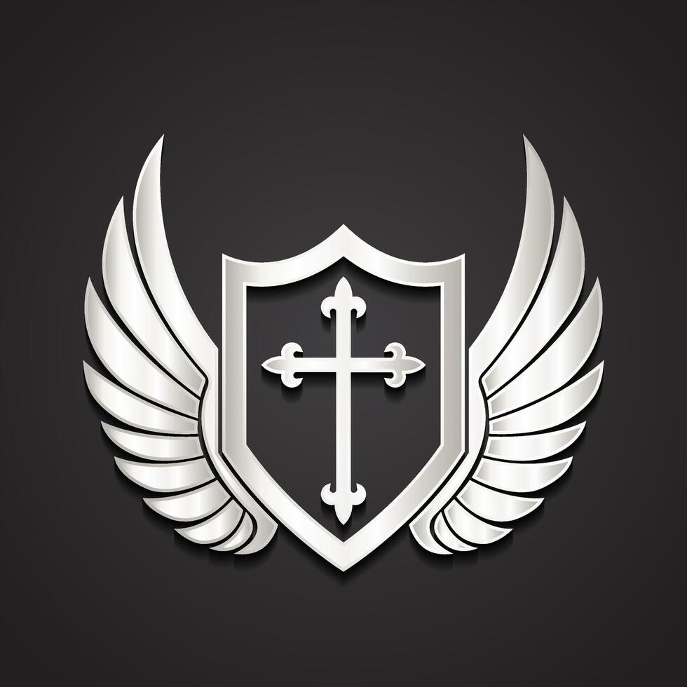 Silver shield with wings and cross vector